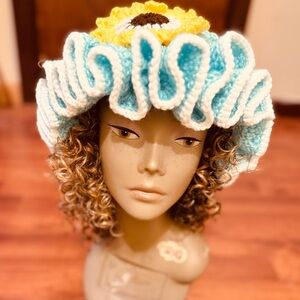 Vibrant Blue and Yellow Ruffled Hat with Elegant Scalloped Design